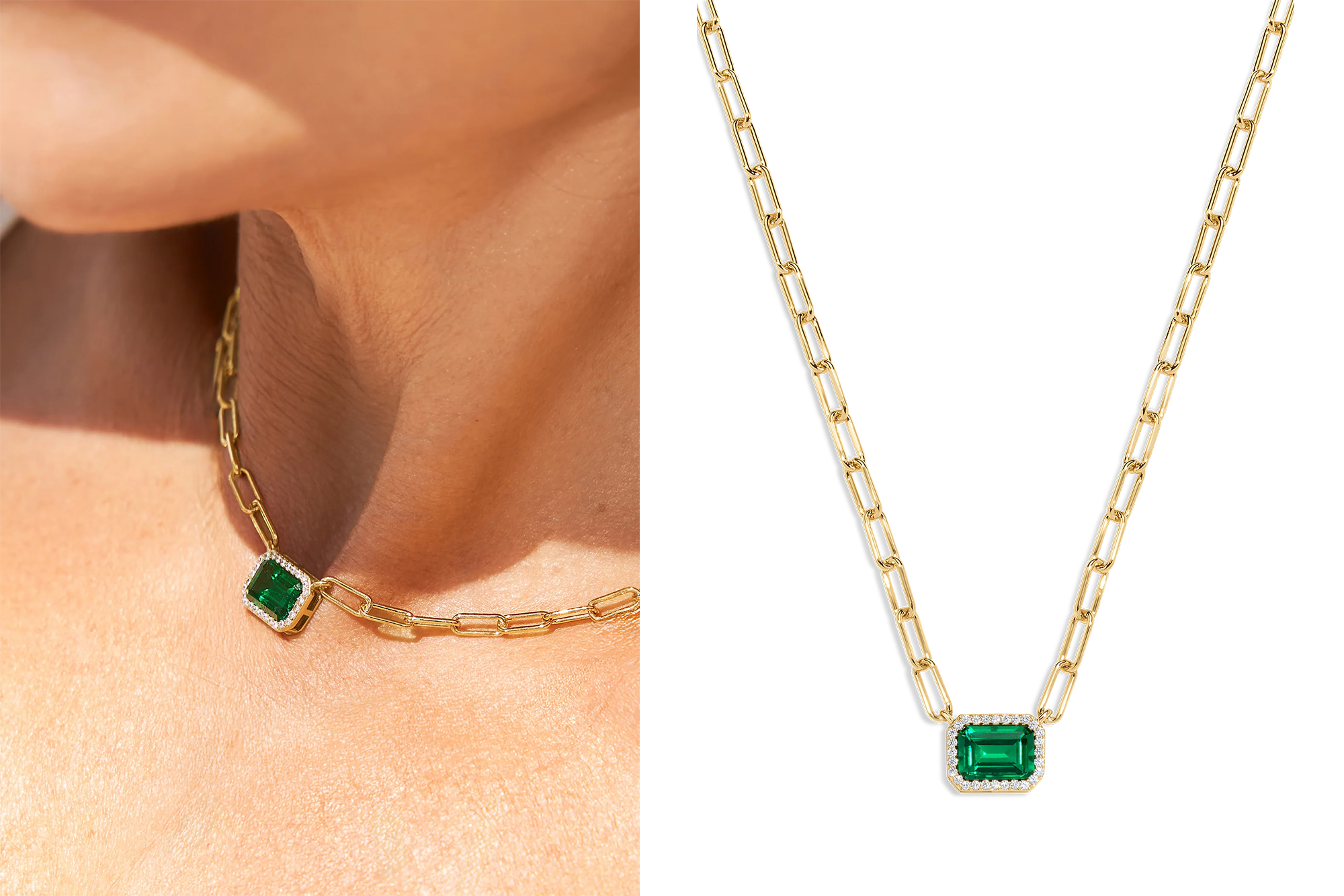 Collage of a gold paperclip chain necklace with an emerald pendant on a model's neck and an isolated shot of the necklace.