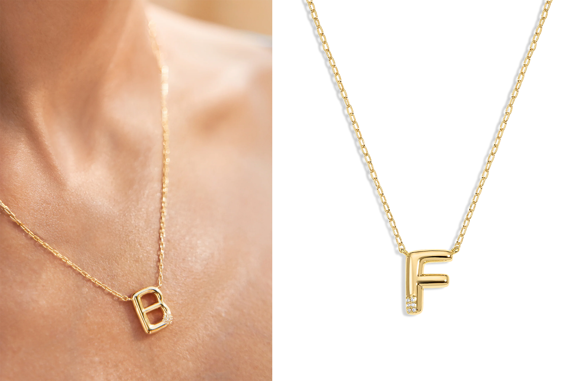 Collage of a gold initial B necklace on a person and a gold initial F necklace with diamonds on a white background.