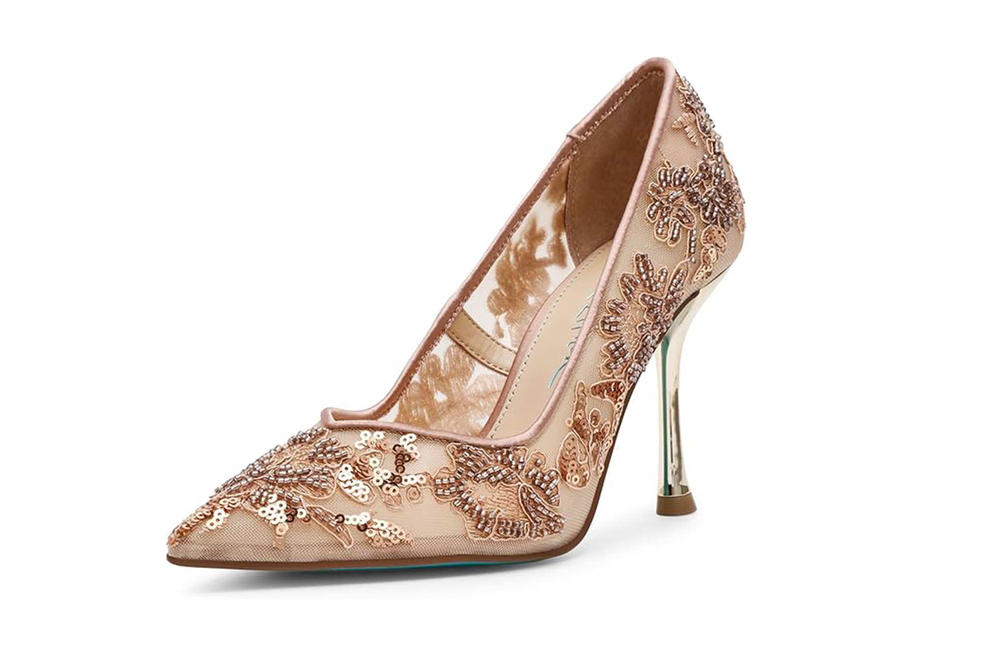Nude Betsey Johnson heels with floral beading and sequin embellishments.