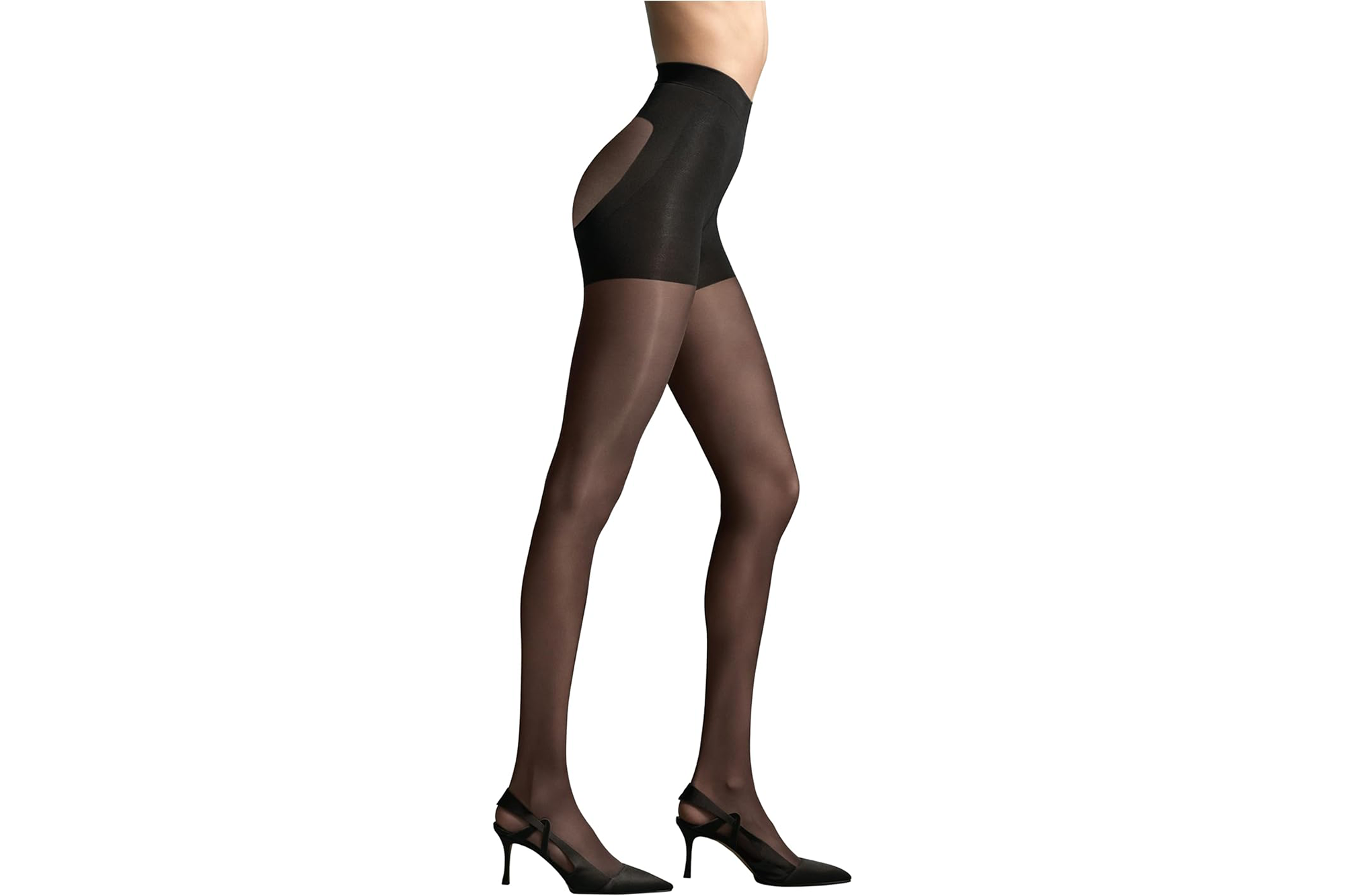 A person modeling sheer black tights with shaping control top panels.