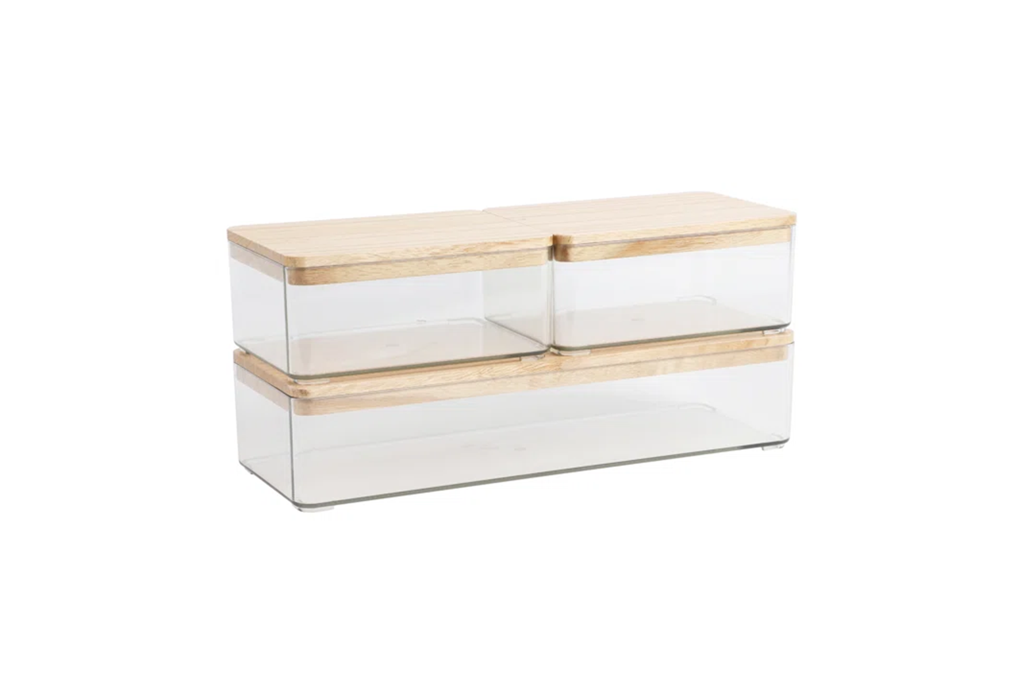 Two clear plastic storage containers with light wood lids, one stacked on top of the other, on a white background.