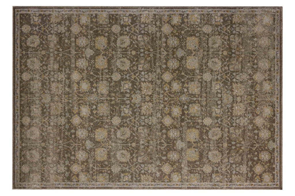 Brown and gold floral patterned rectangular area rug.