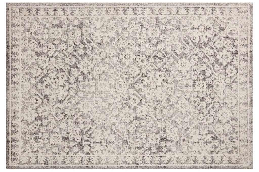 Off-white and gray rectangular area rug with an intricate pattern.