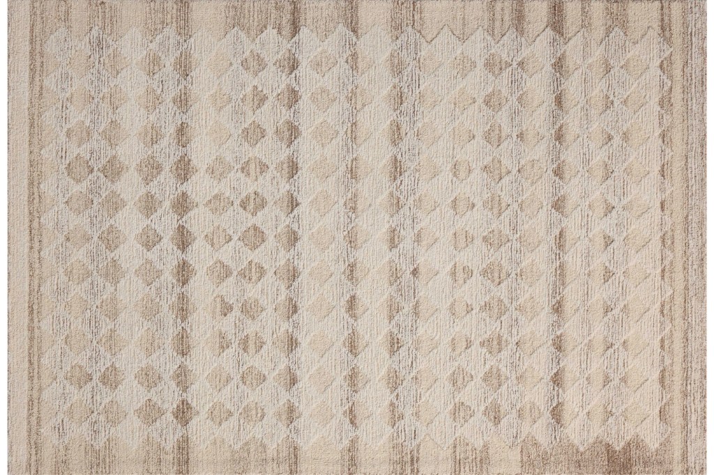 Close-up of a beige patterned rug with a diamond and striped design.