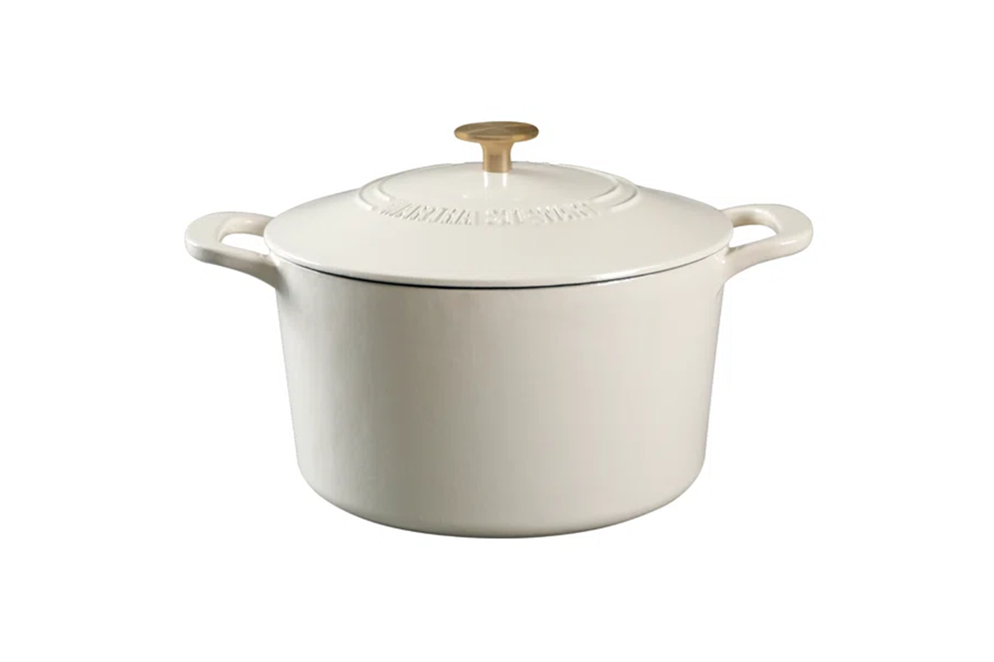Cream-colored dutch oven with a gold knob on its lid.