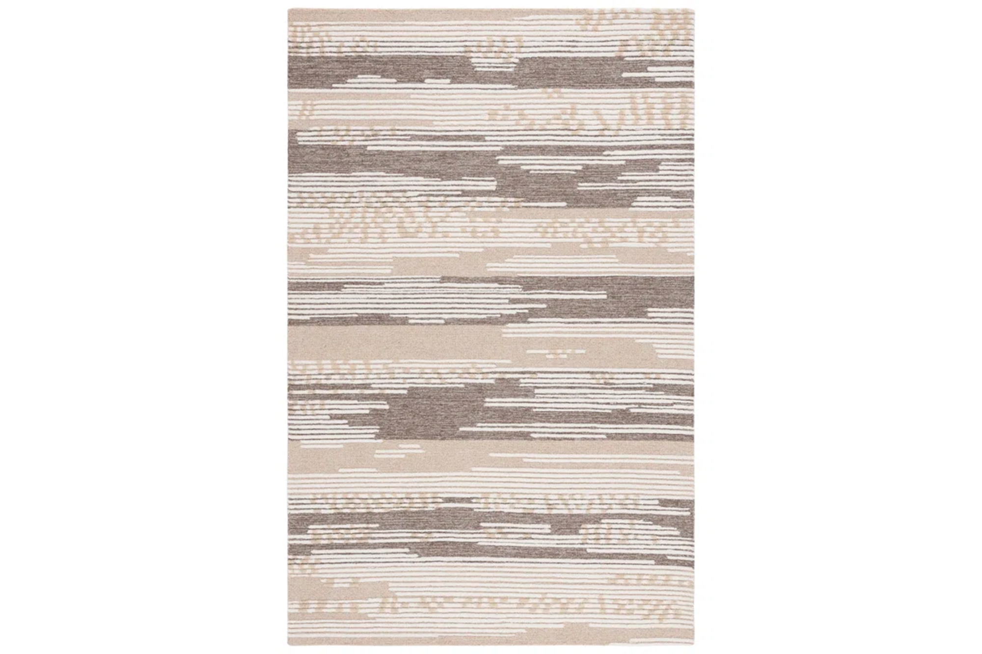 A rectangular area rug with horizontal stripes in varying shades of beige and brown.