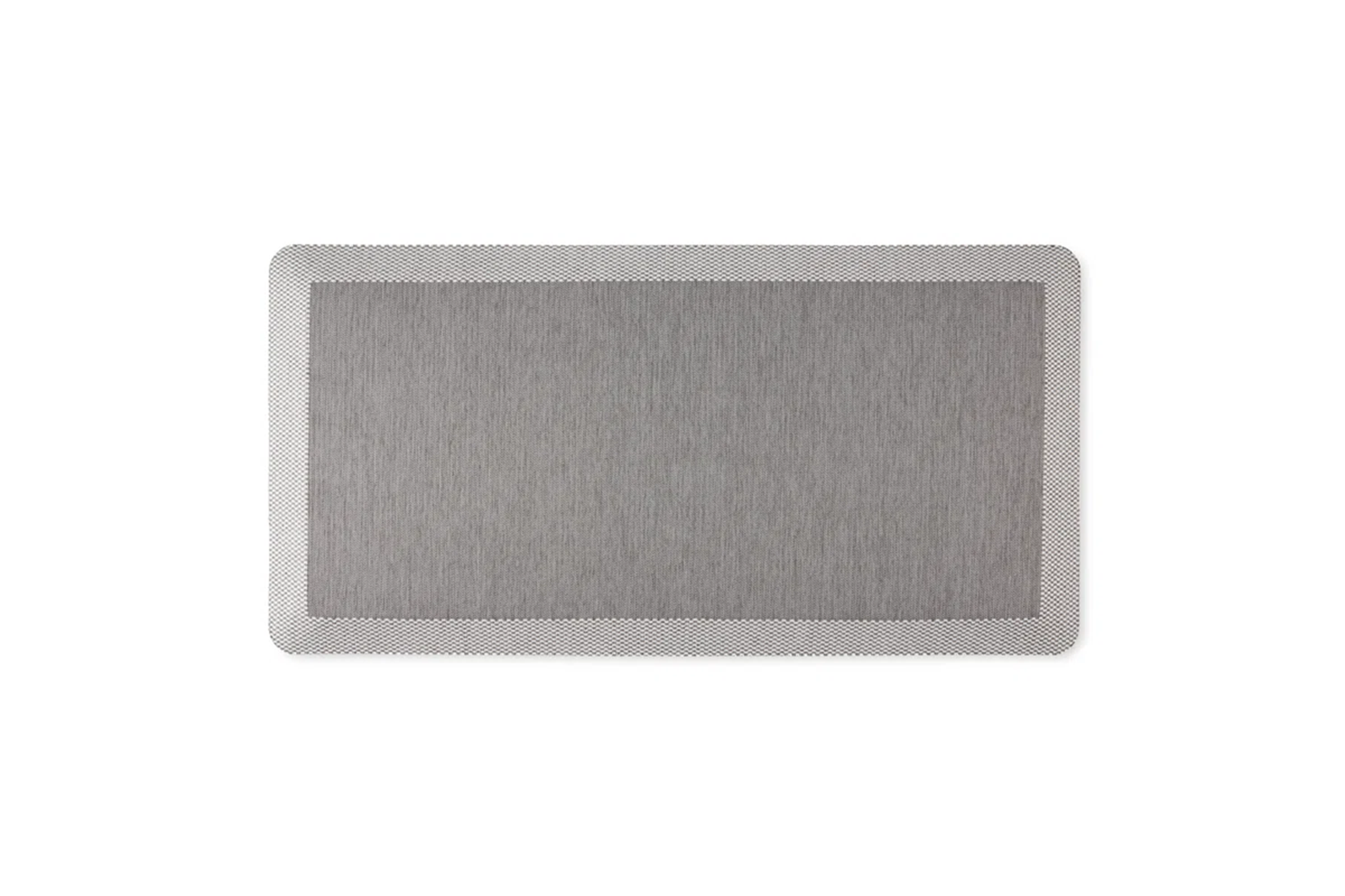 A rectangular gray placemat with a thin checkered border.