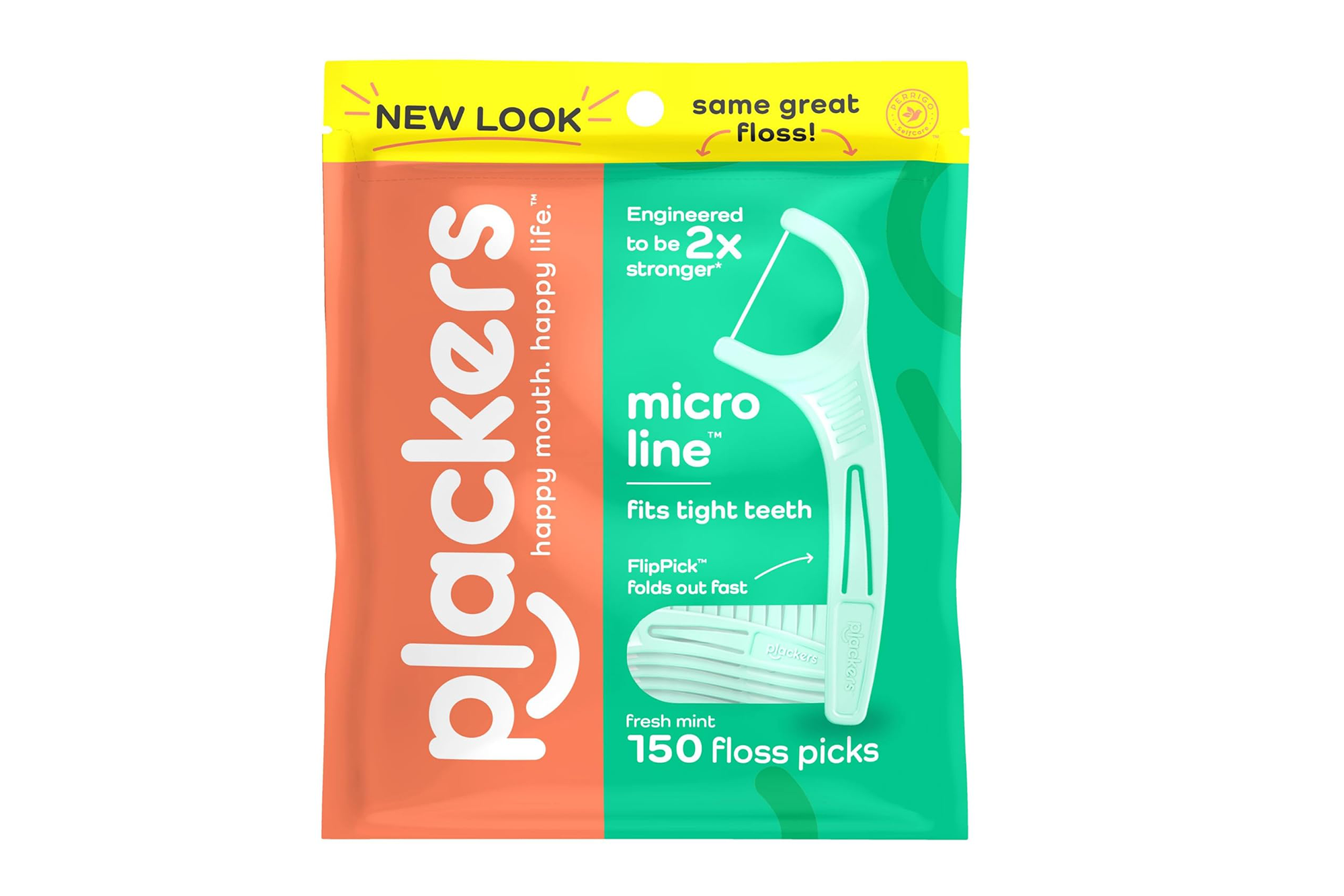 Package of Plackers Micro Line Fresh Mint 150 Floss Picks with a new look.