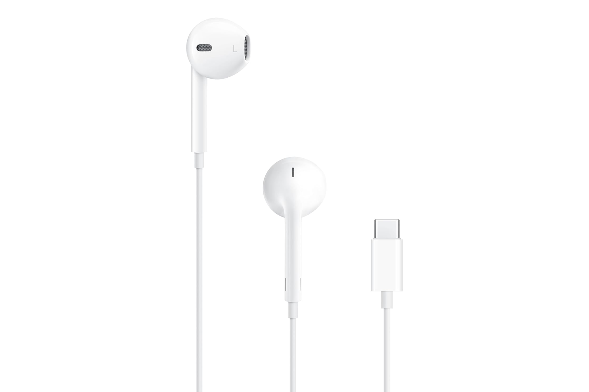 Illustration of a pair of white wired earbuds with a USB-C connector.