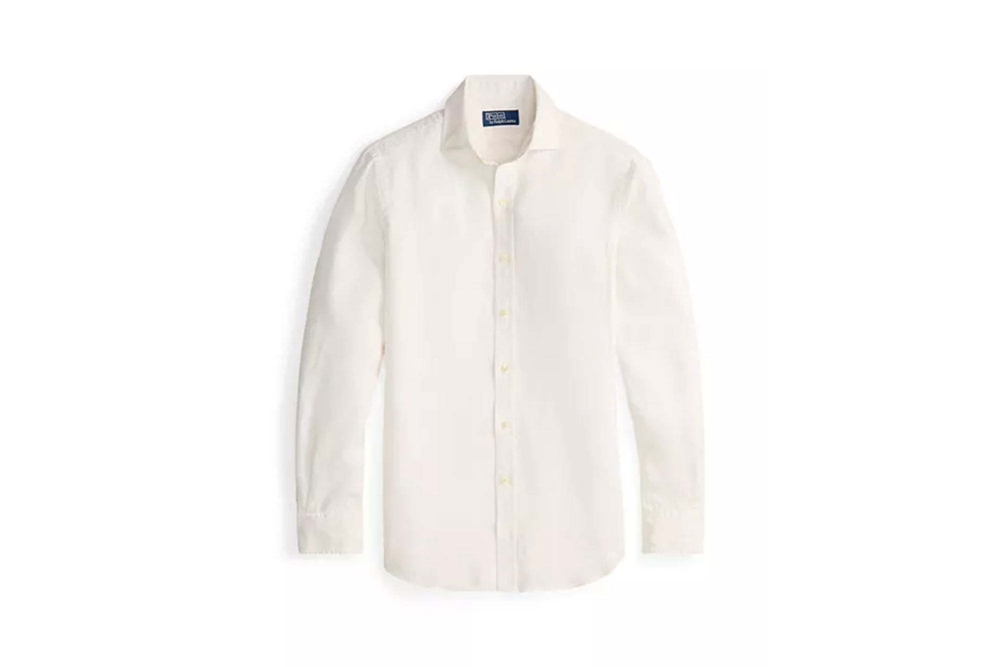 A white long-sleeve collared shirt with tan buttons.