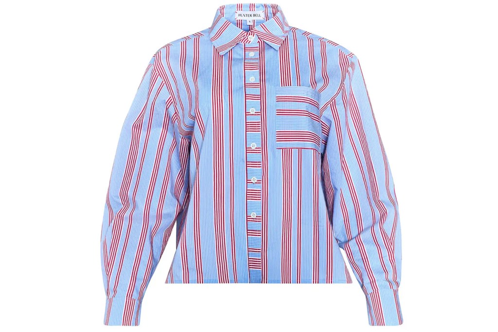 Hunter Bell blue and red striped long-sleeved shirt with a front pocket.