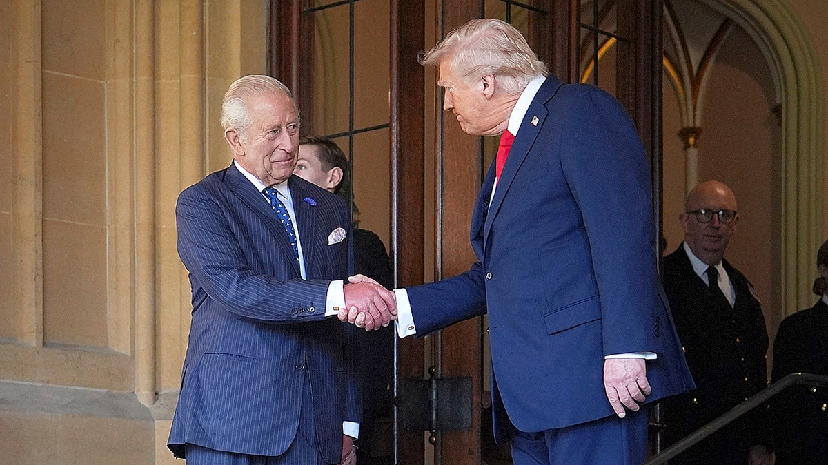 President Donald Trump shaking hands with Britain's King Charles III at Windsor Castle
