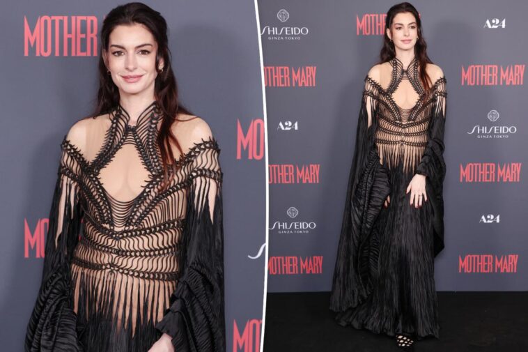 Anne Hathaway wears sheer gothic couture for ‘Mother Mary’ London screening