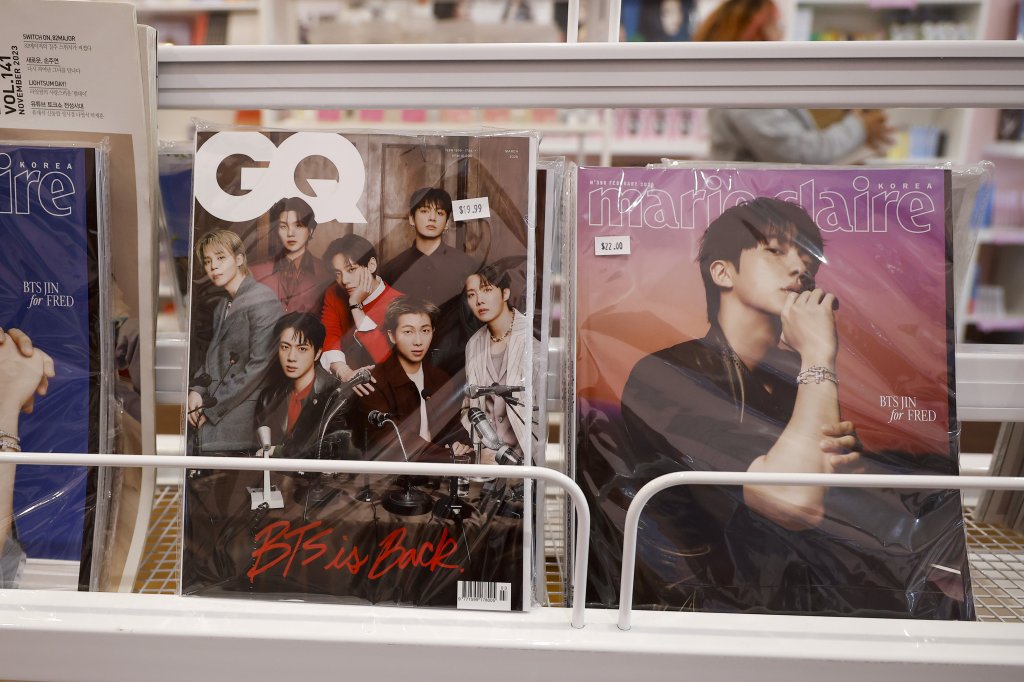 Magazines featuring K-Pop group BTS on display at K-Pop Nabi.