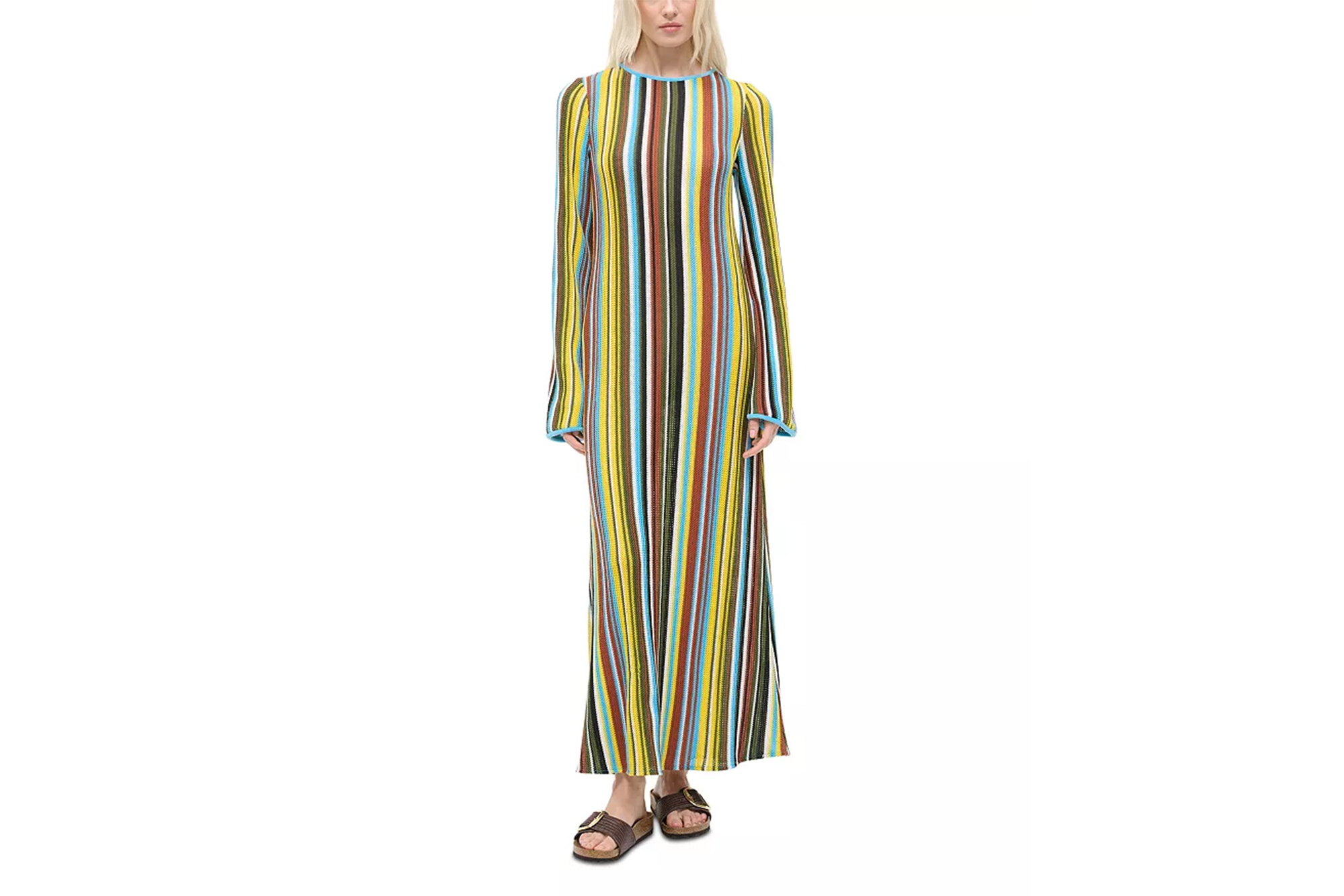 Staud Lorena dress in a multicolored striped pattern.