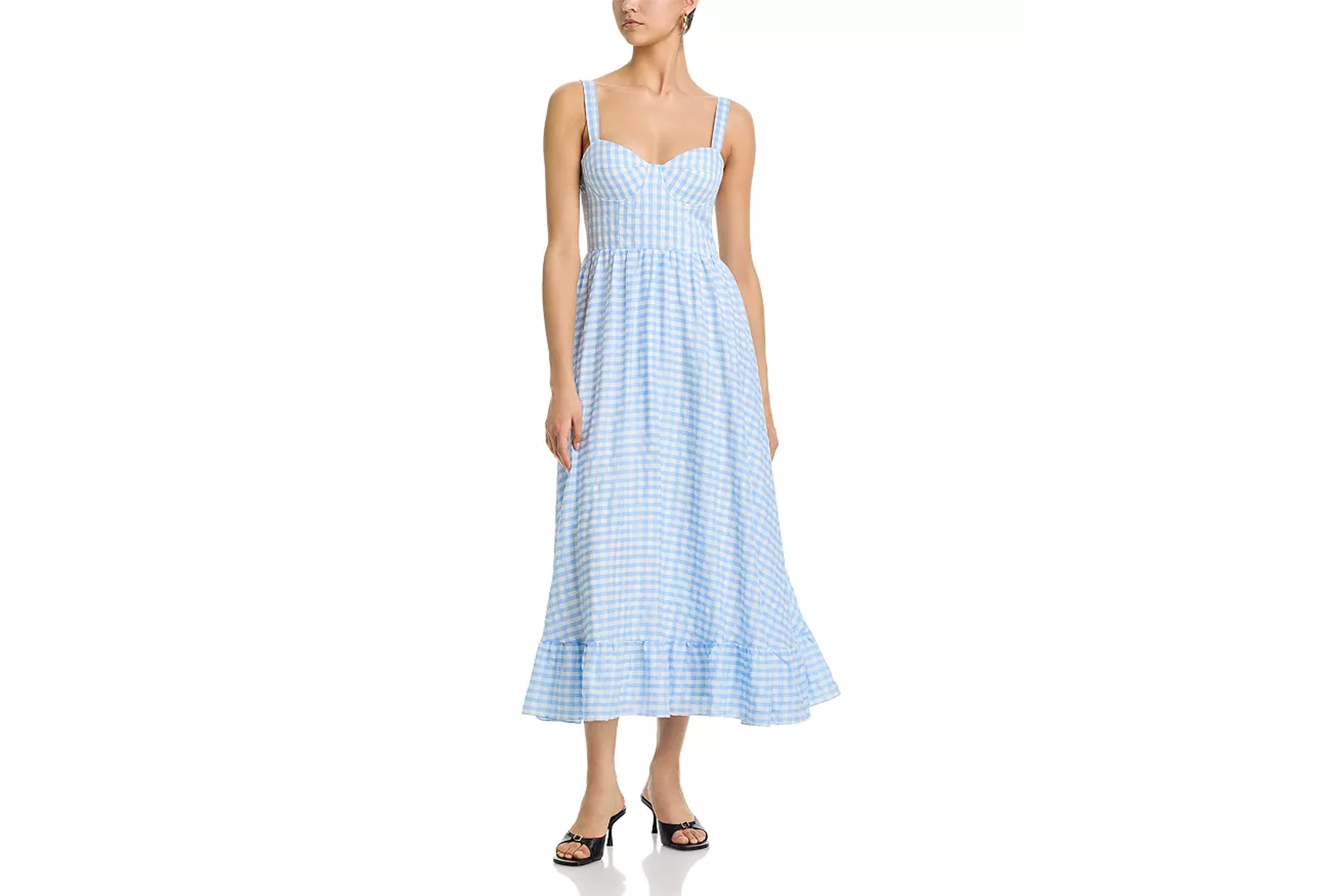 Aqua gingham midi dress with a ruffled hem.