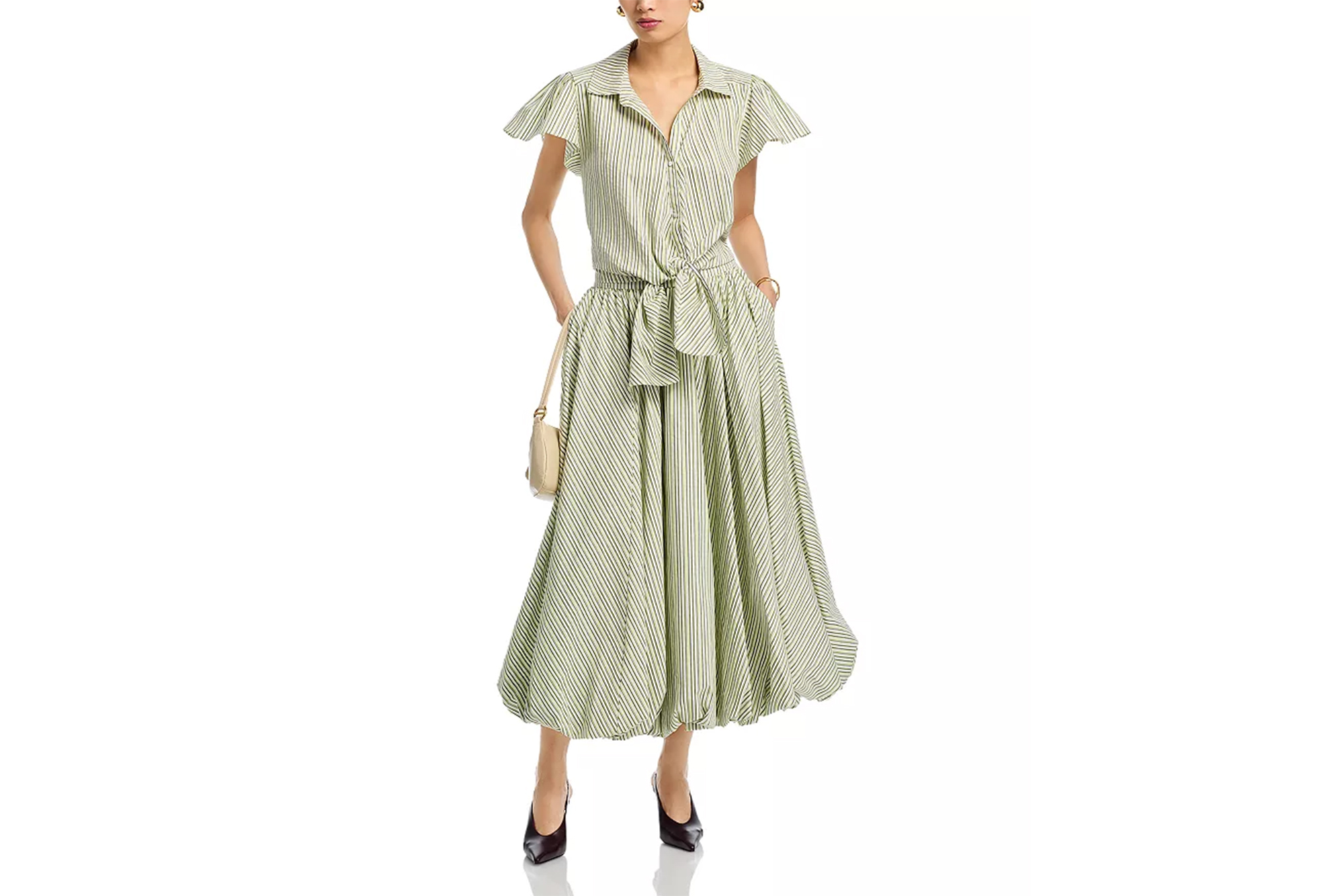 Green and white striped button-down shirt with a tie-front and a matching skirt with a gathered hem.