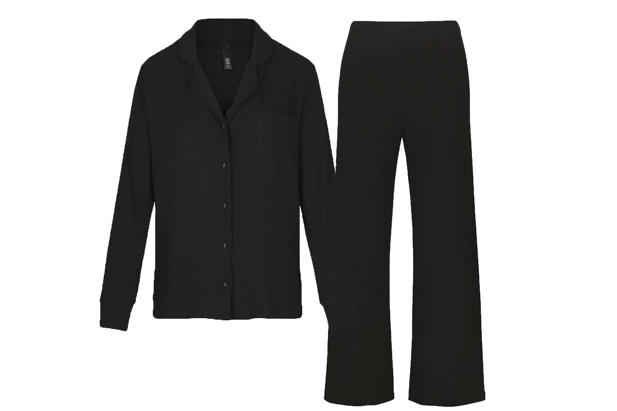 Black long-sleeved shirt with a collar and matching pants.