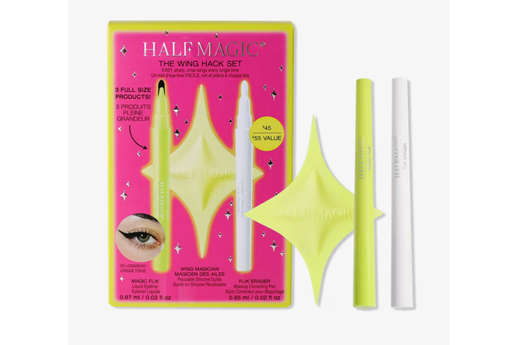 Half Magic The Wing Hack Set for winged eyeliner with three full-size products.
