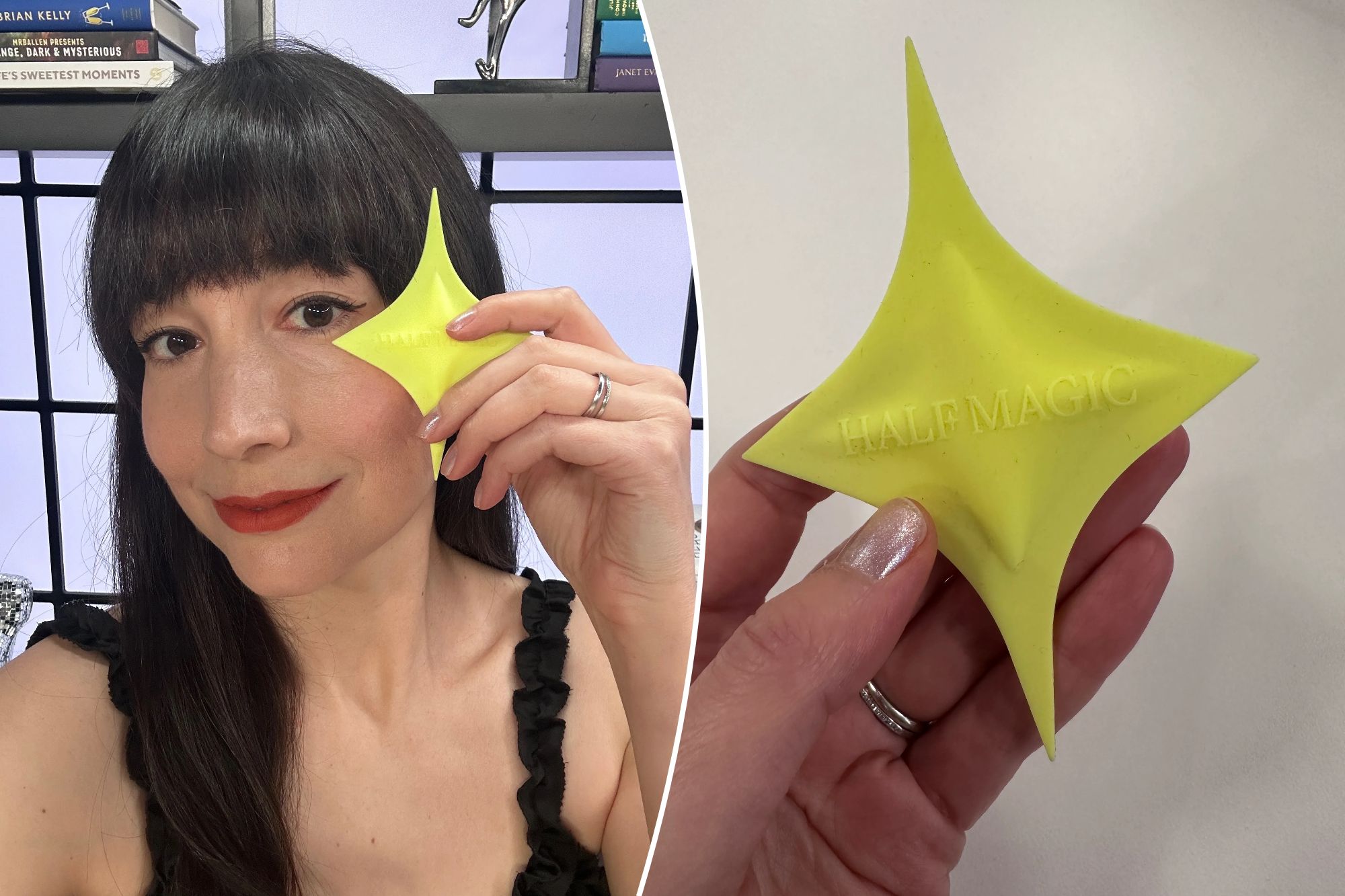 An image collage containing 2 images, Image 1 shows A woman with bangs and red lipstick holding a yellow star-shaped eyeliner guide to her right eye, Image 2 shows A hand holding a yellow "Half Magic" makeup sponge