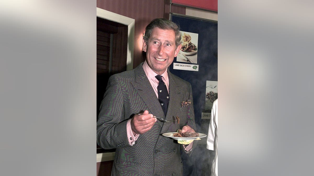 Prince Charles eating lamb stir fry at Royal Welsh Show ground.