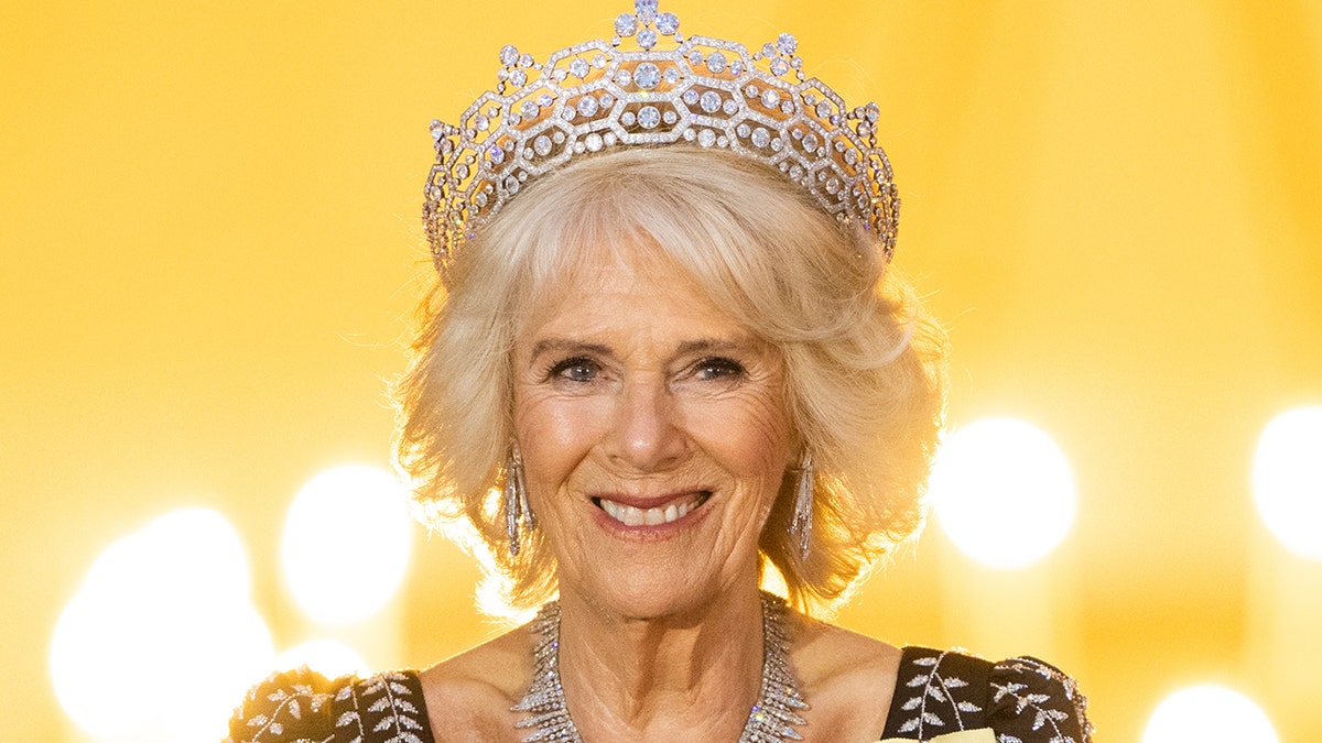 Camilla, Queen Consort, wearing a tiara, attending a state banquet in Berlin