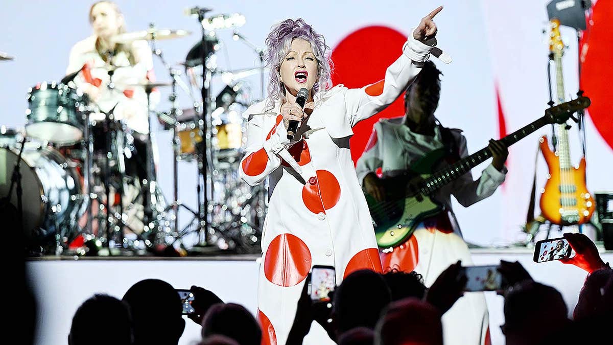 Cyndi Lauper singing on stage at Caesars Palace in Las Vegas