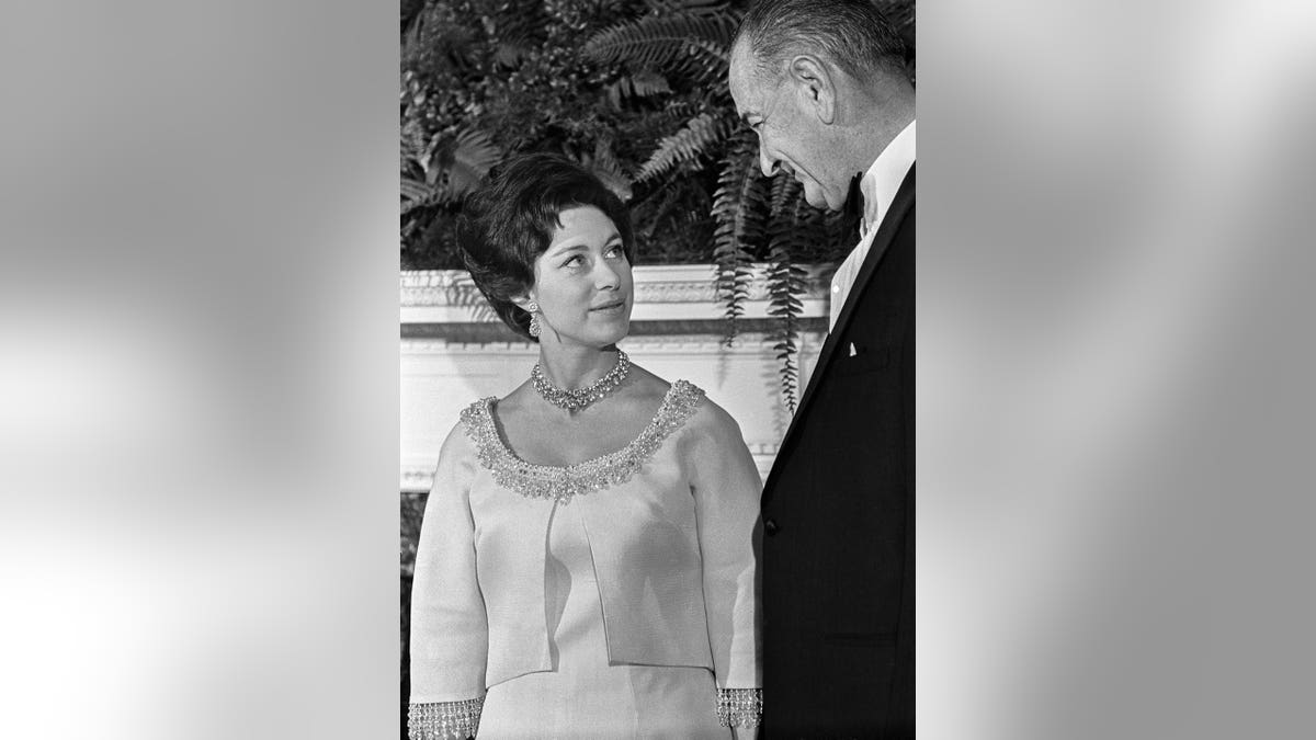 Princess Margaret standing with President Lyndon B. Johnson at the White House.