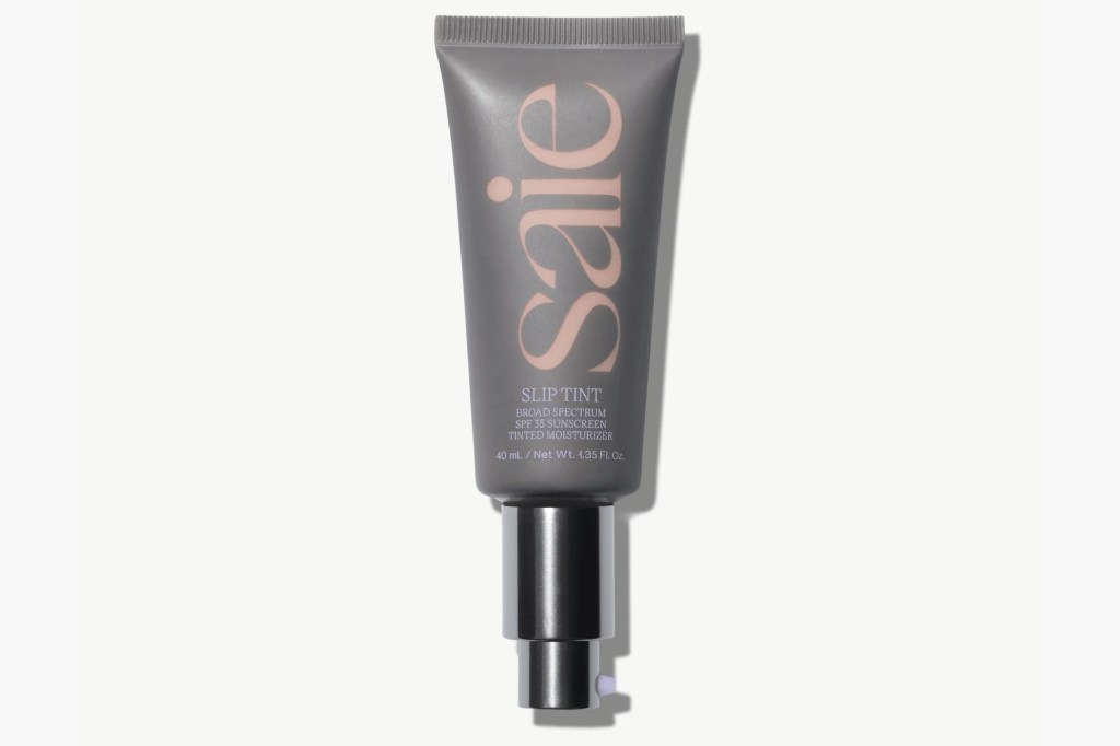 A tube of Saie Slip Tint Broad Spectrum SPF 35 Tinted Moisturizer.