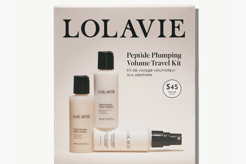 Lolavie Peptide Plumping Volume Travel Kit with shampoo, conditioner, and volume spray.