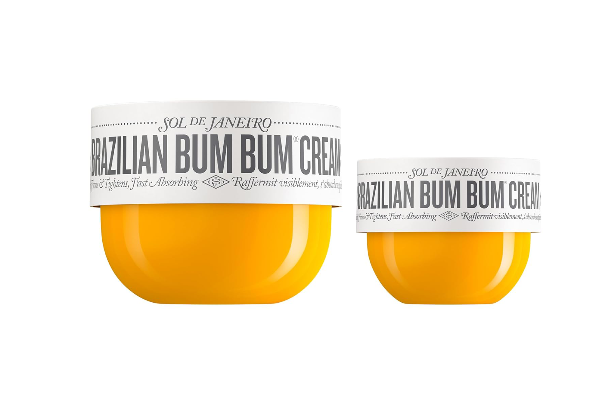 Two Sol de Janeiro Brazilian Bum Bum Cream containers, one large and one small.