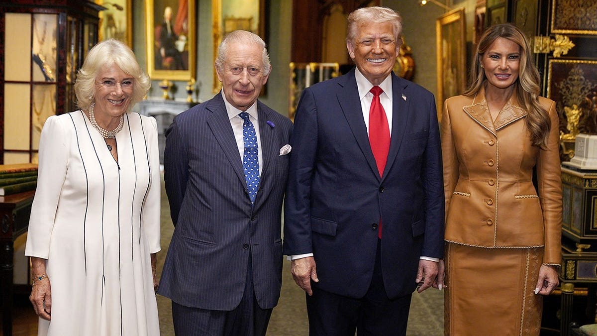 President Donald Trump and first lady Melania Trump pose with King Charles and Queen Camilla.