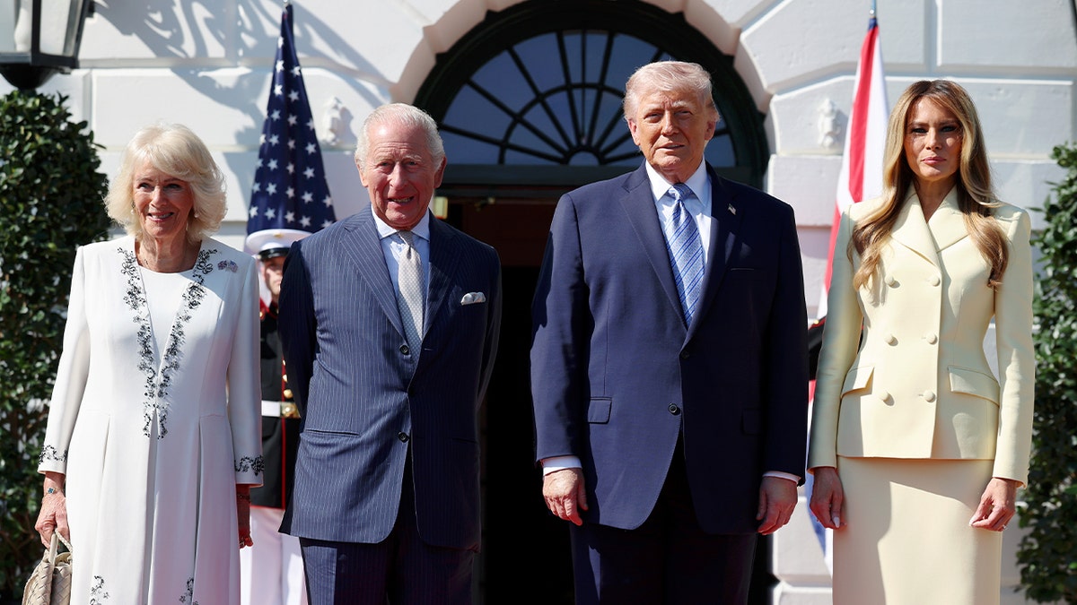 Queen Camilla, King Charles III, U.S. President Donald Trump and First Lady Melania Trump pose at the White House