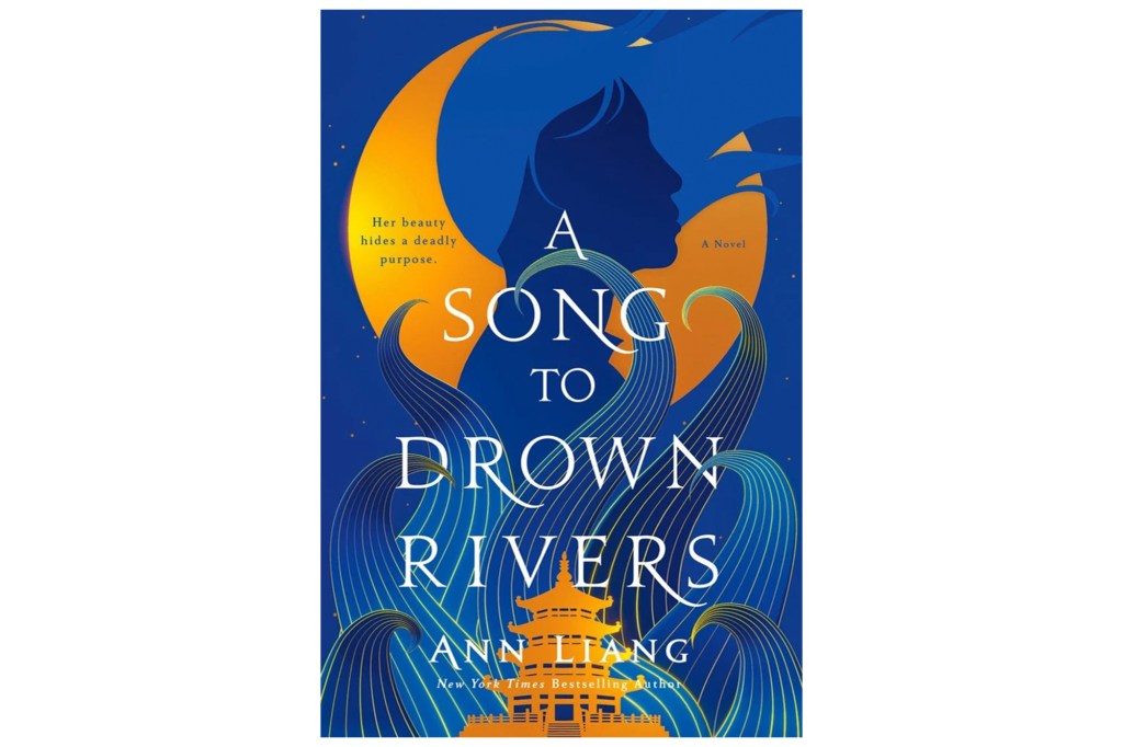 Illustration of the book cover for "A Song to Drown Rivers," depicting a woman's silhouette against an orange moon and blue waves, with a pagoda at the bottom.
