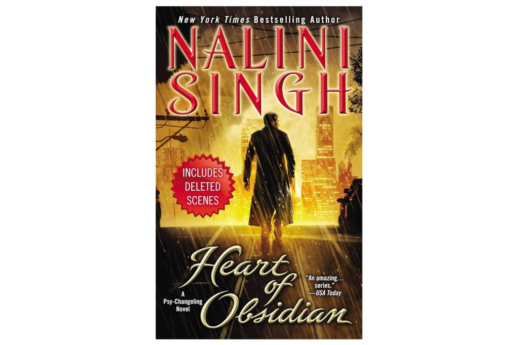 Illustration of the book cover "Heart of Obsidian" by Nalini Singh, showing a lone figure in a long coat walking away into a brightly lit city skyline at night.
