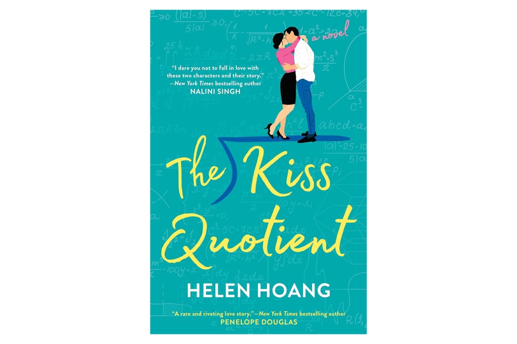 Illustration of the book cover for "The Kiss Quotient," featuring a couple embracing and math equations in the background.