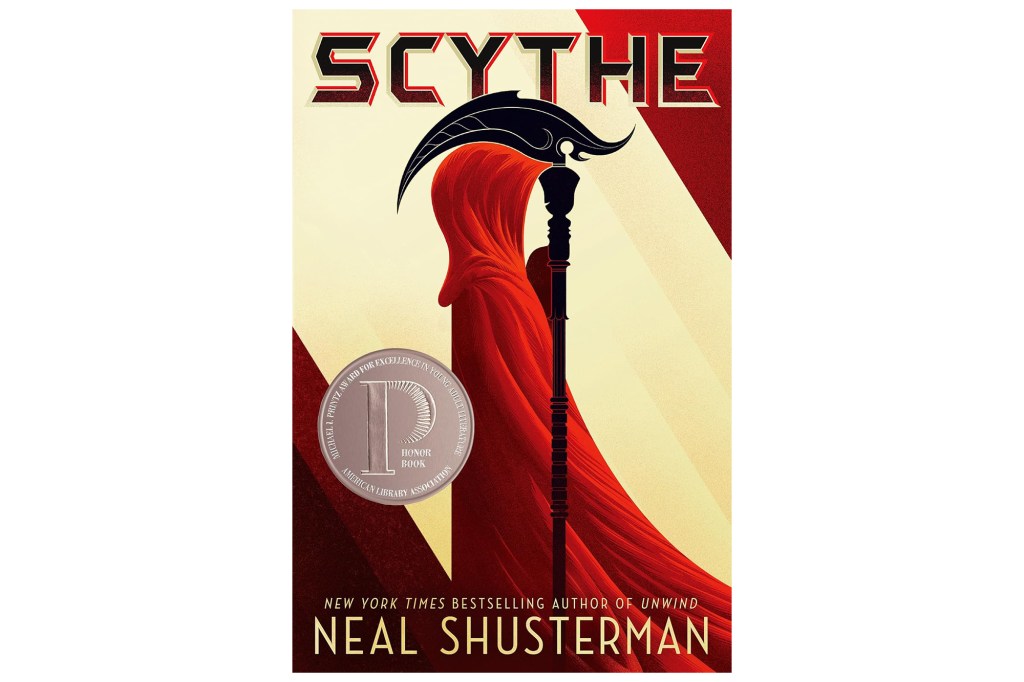 Illustration of the book cover for Scythe, featuring a hooded figure in a red robe holding a black scythe.