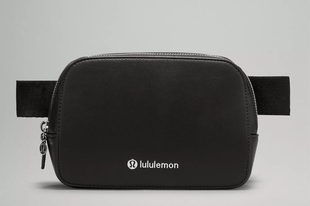 Black Lululemon belt bag with white logo.