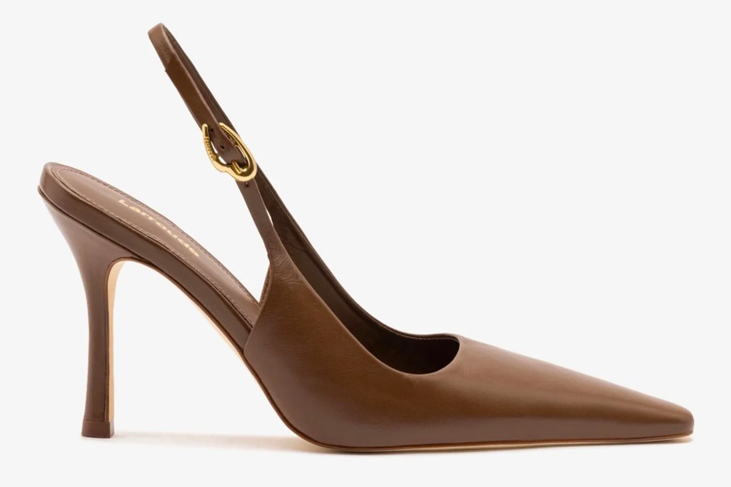 Brown pointed-toe slingback heel with a gold heart buckle.