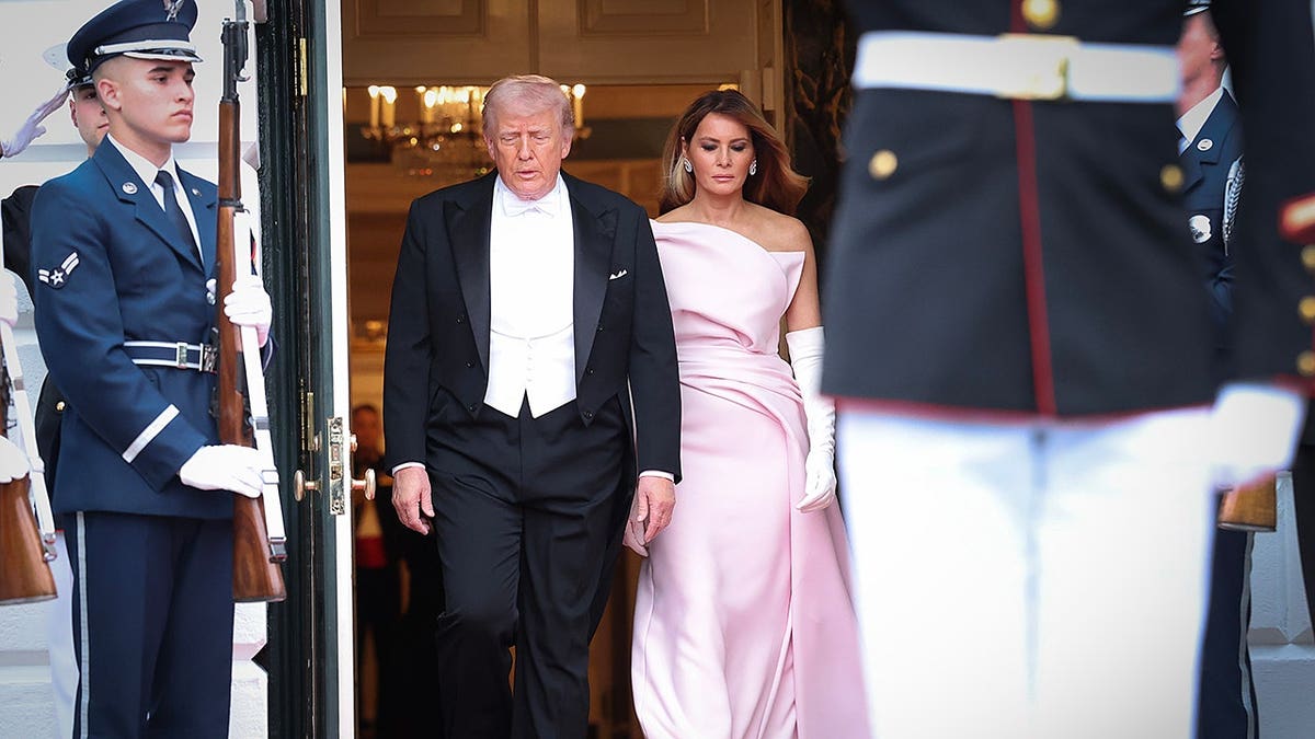U.S. President Donald Trump and first lady Melania Trump standing with King Charles III and Queen Camilla at the White House