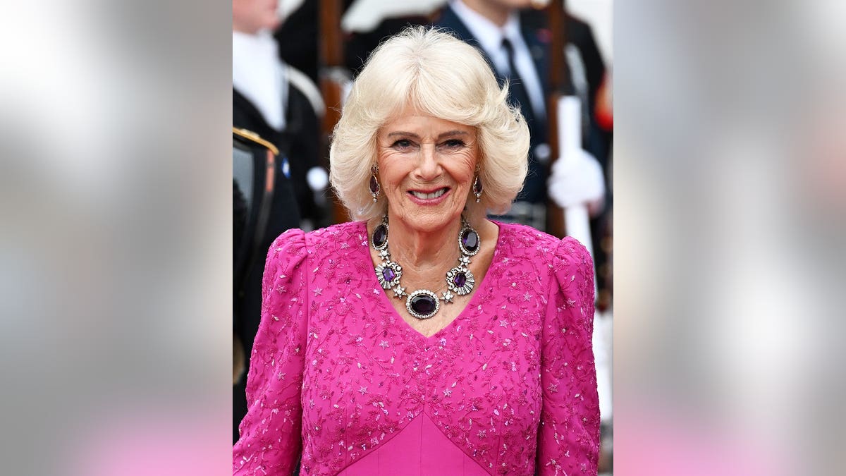 Queen Camilla attending a state dinner at the White House