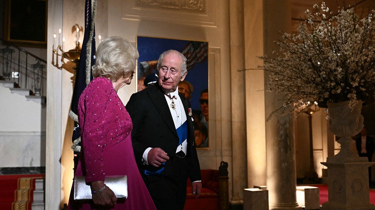 King Charles III and Queen Camilla arriving at the White House East Room