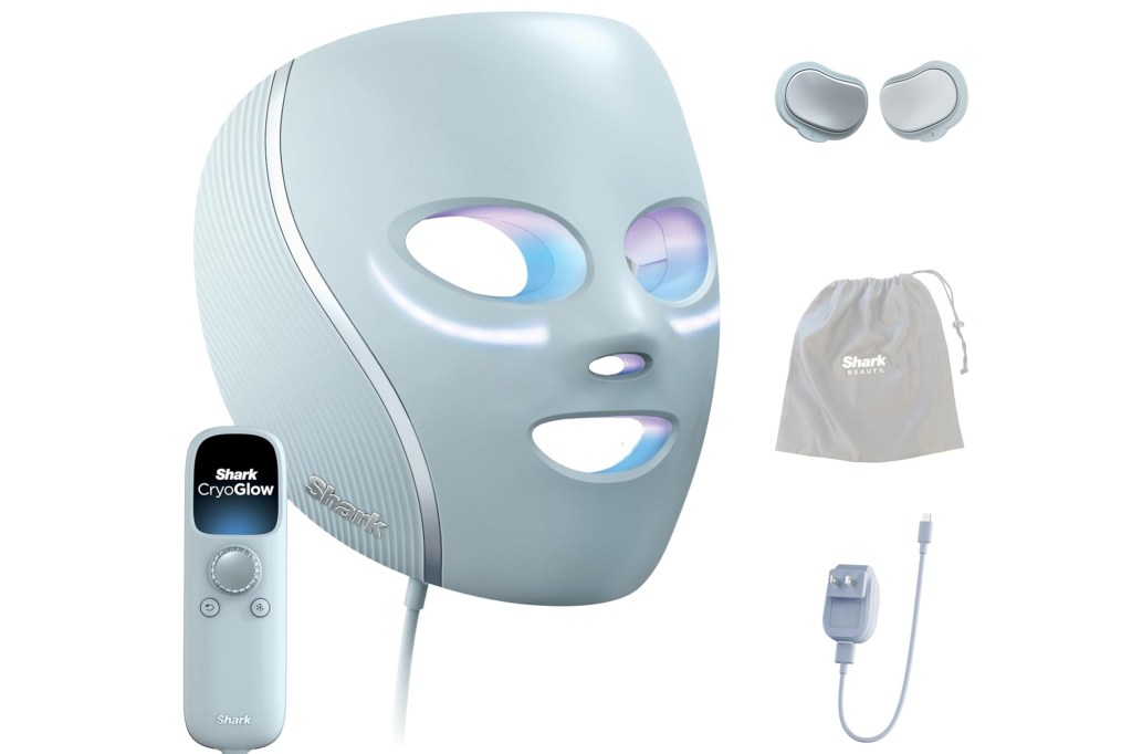 Shark CryoGlow beauty set with light therapy mask, remote, eye masks, and charging cable.