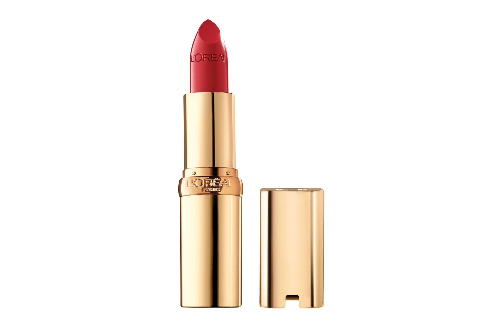 Red L'Oréal lipstick in a gold tube with its cap off, against a white background.
