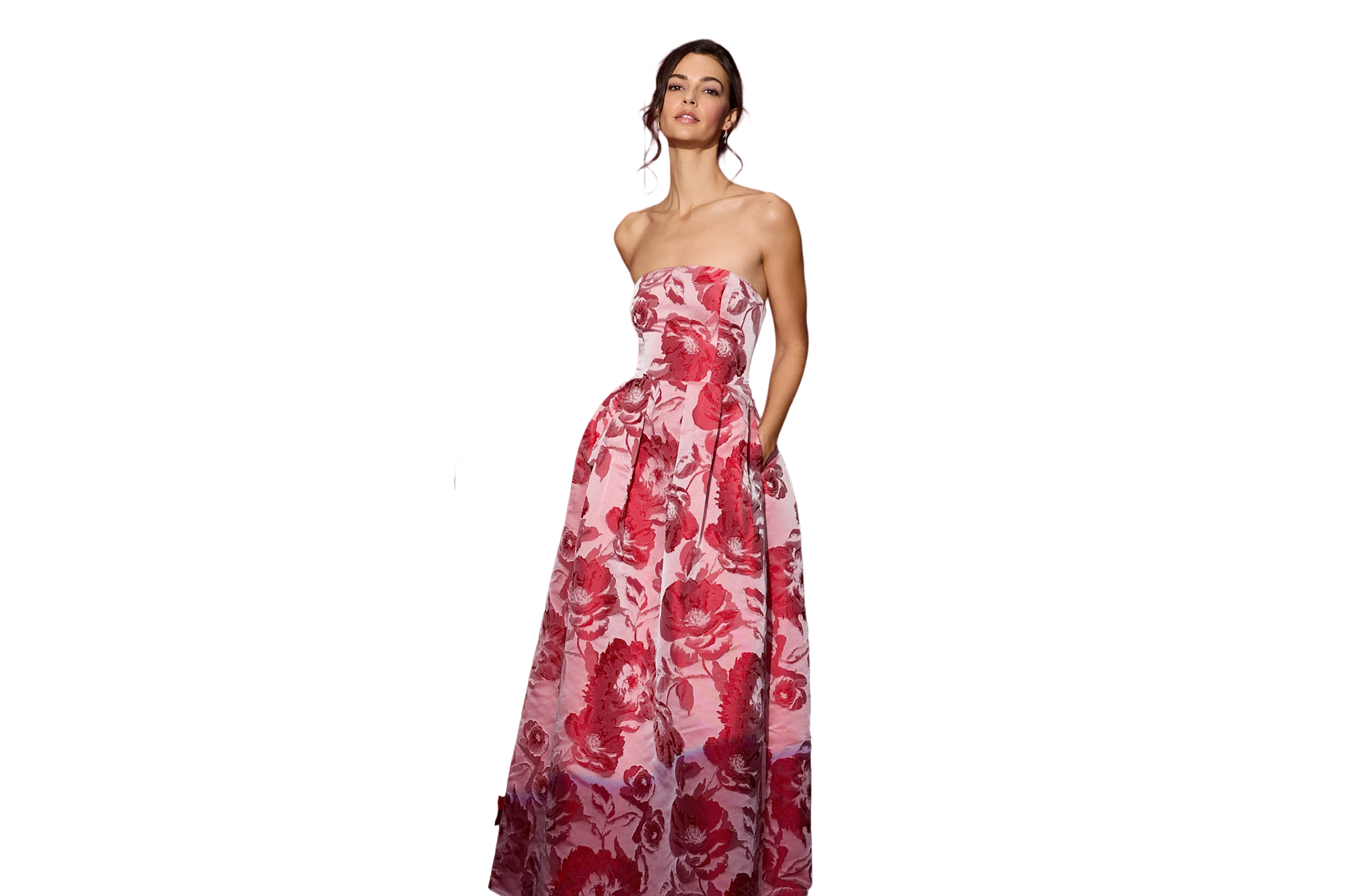 Woman in a strapless floral pink and red gown.