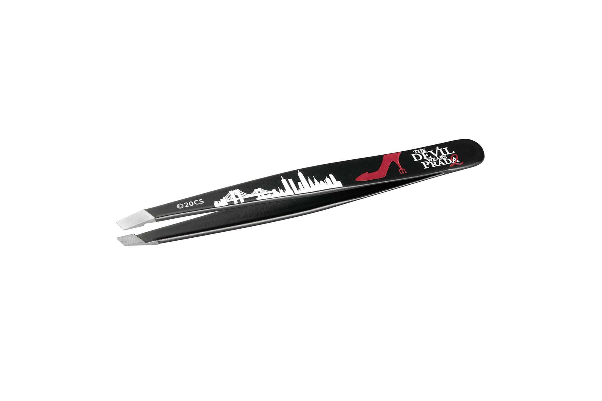 Tweezerman tweezers with a black finish, featuring a white New York City skyline illustration and a red "The Devil Wears Prada" logo.