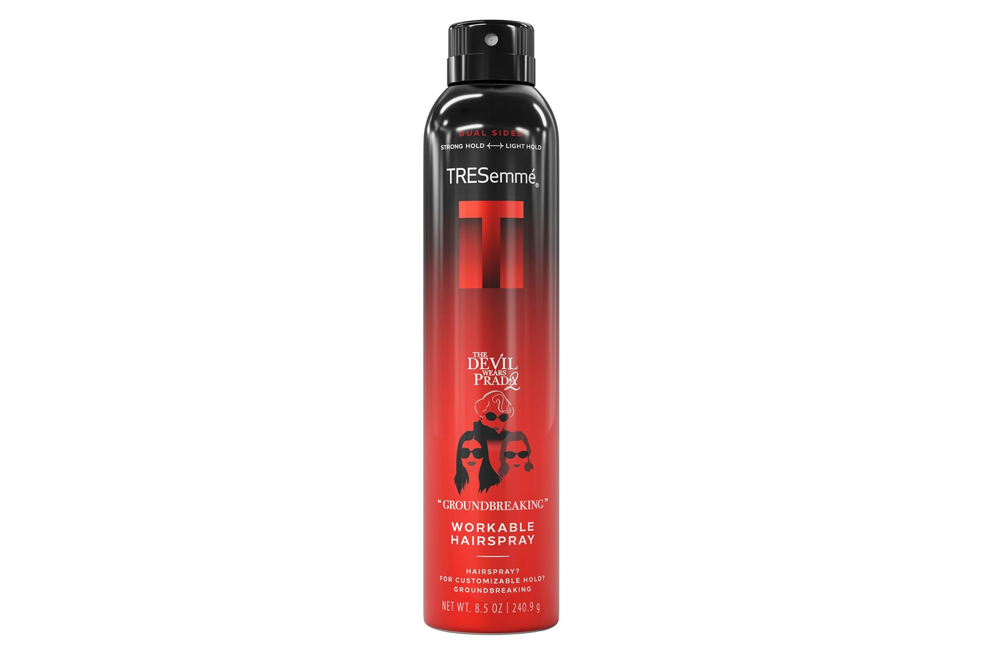 Illustration of a black and red TRESemmé Dual Side Workable Hairspray bottle featuring "The Devil Wears Prada" branding.