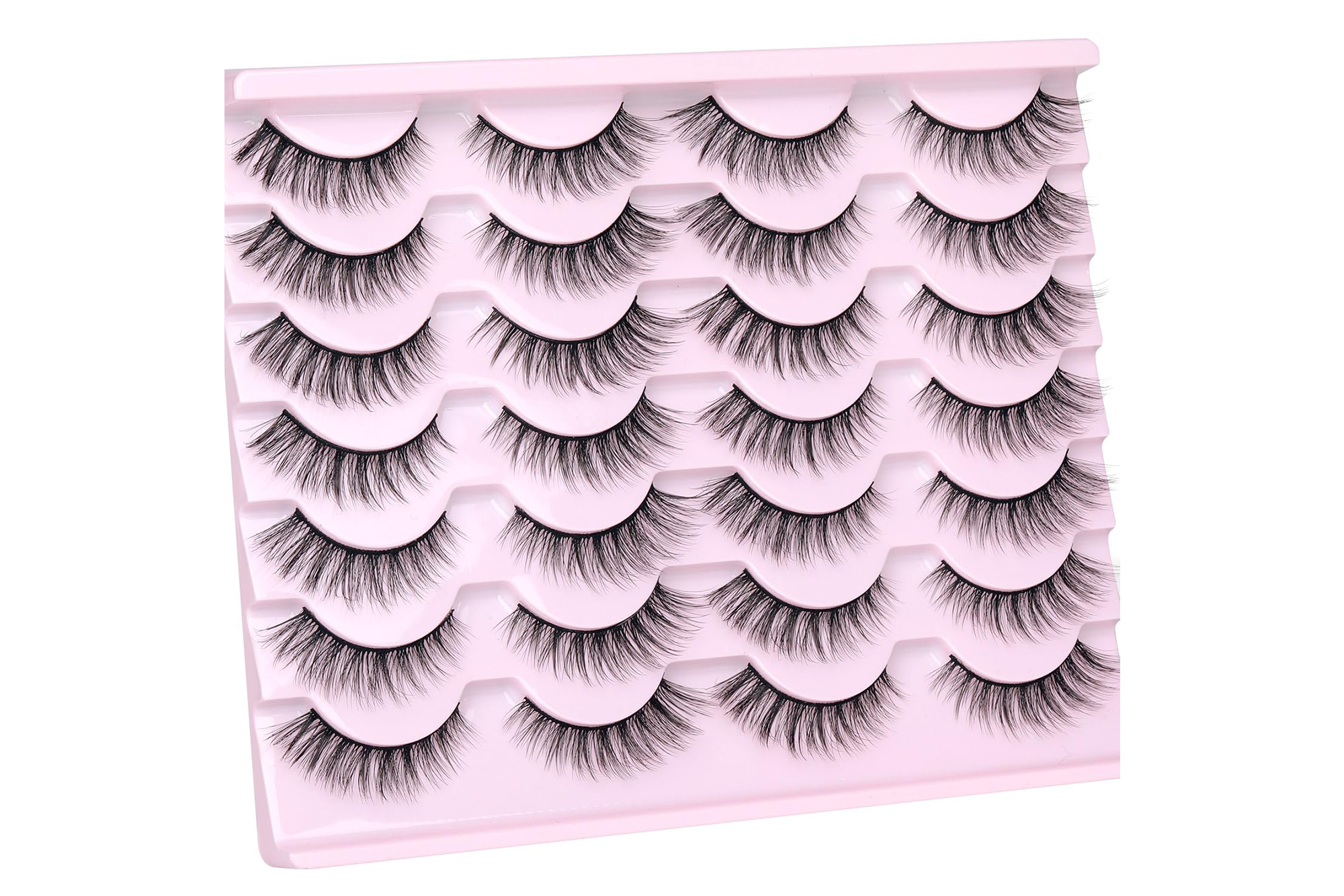 A light pink tray holding 10 pairs of black false eyelashes.