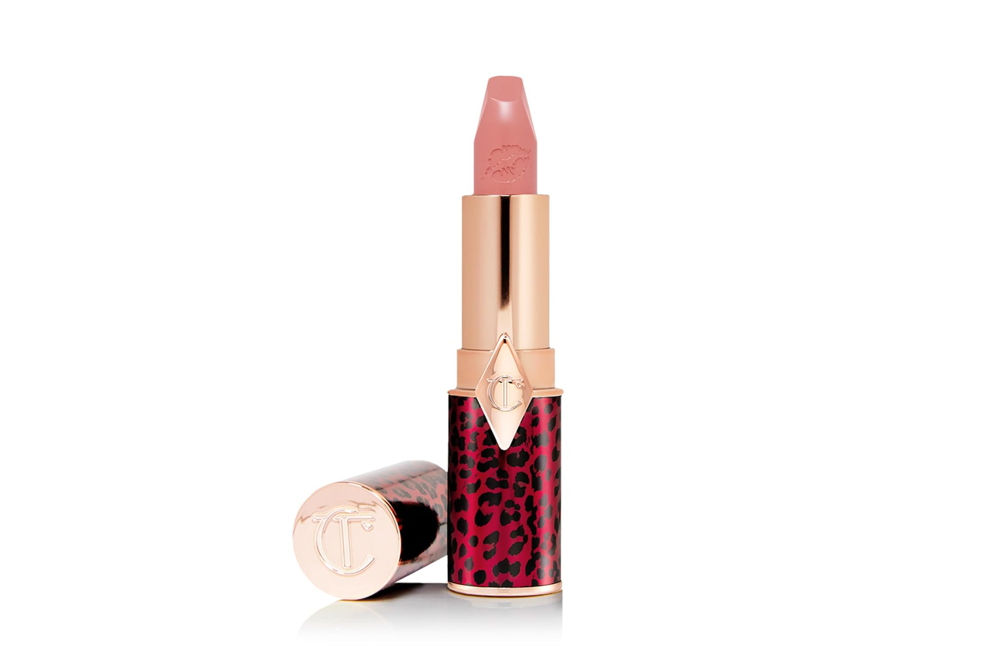 Charlotte Tilbury Kiss Lipstick in pink with a red and black leopard print case.