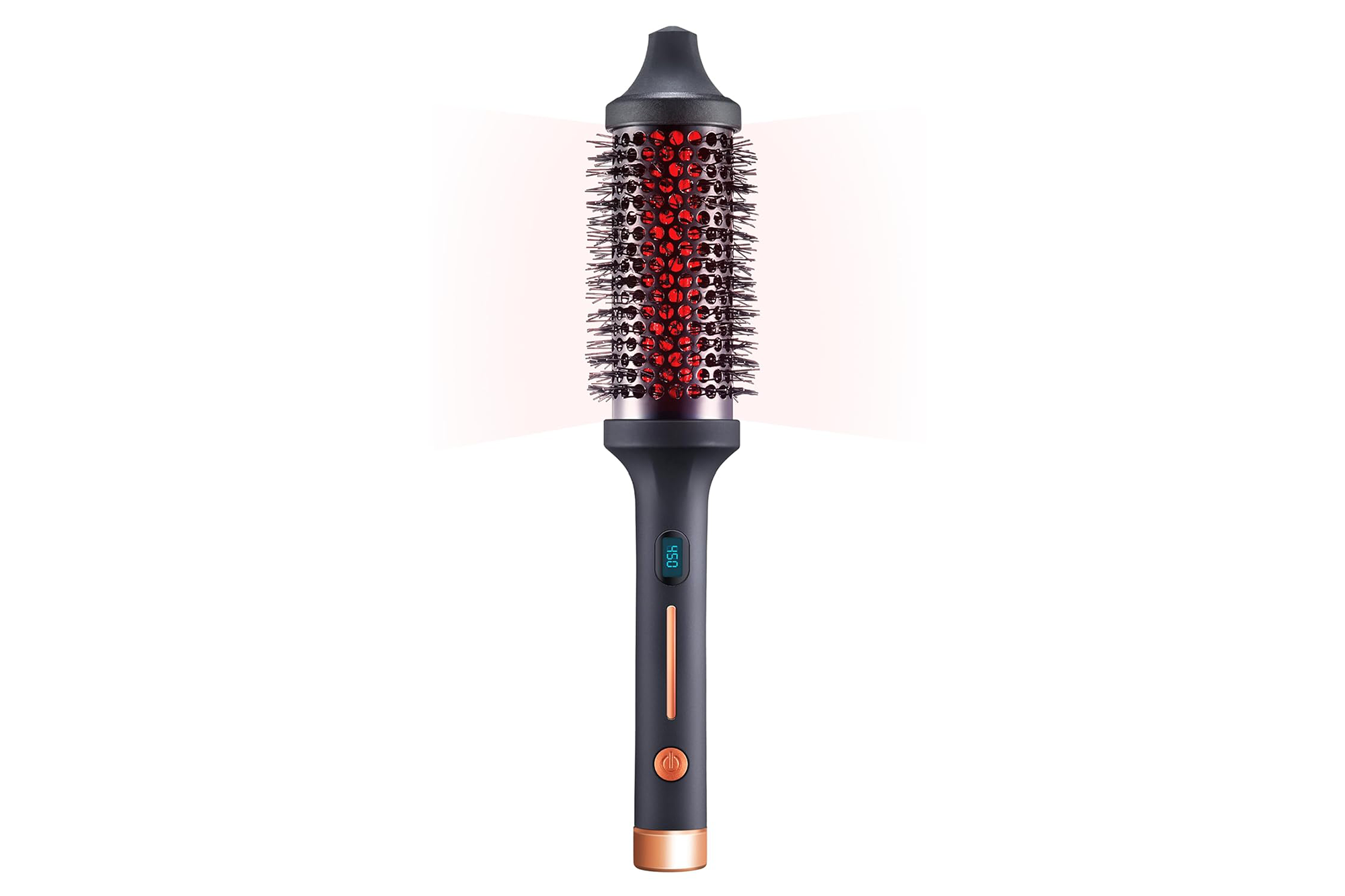 A thermal hair styling brush with a digital temperature display showing "450" and an illuminated red barrel.